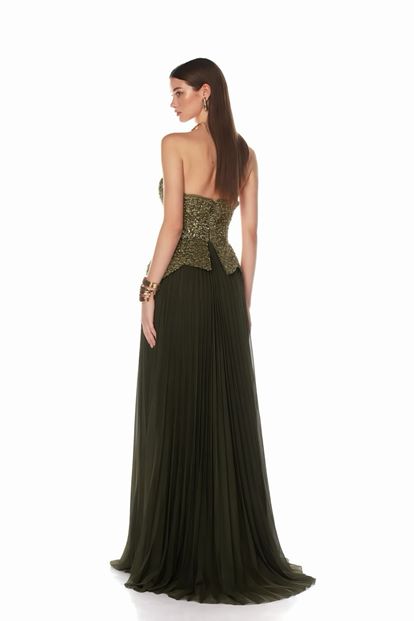 Haki Payetli Peplum Detaylı Abiye Elbise